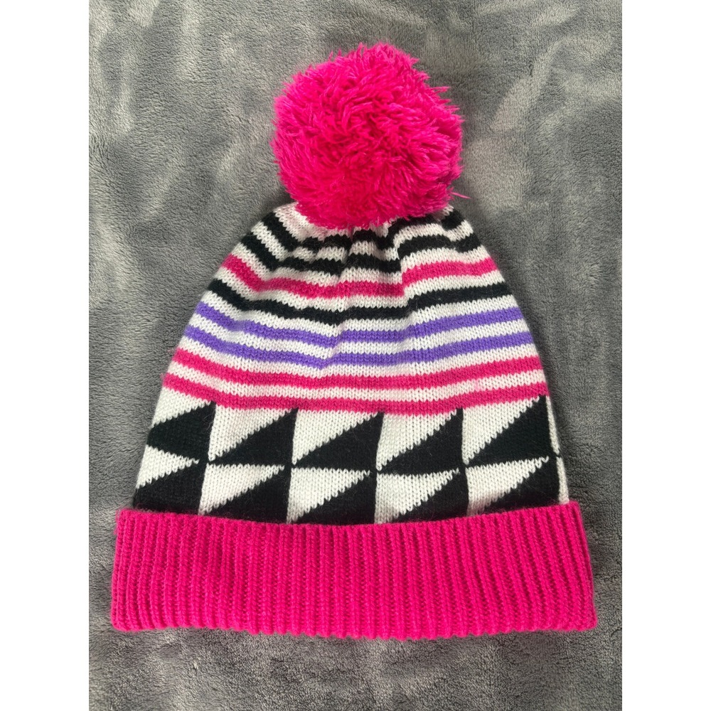 Unbranded Womens Geometric Striped Pom Pom Beanie Hat OS Pink Purple Acrylic